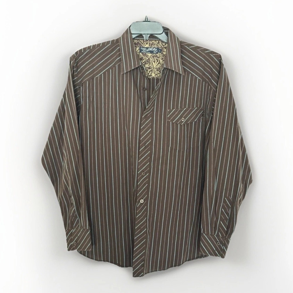 Micros Mens Long Sleeve Dress Shirt, Sz LG, Brown w/blue Stripes, Casual, Y2K